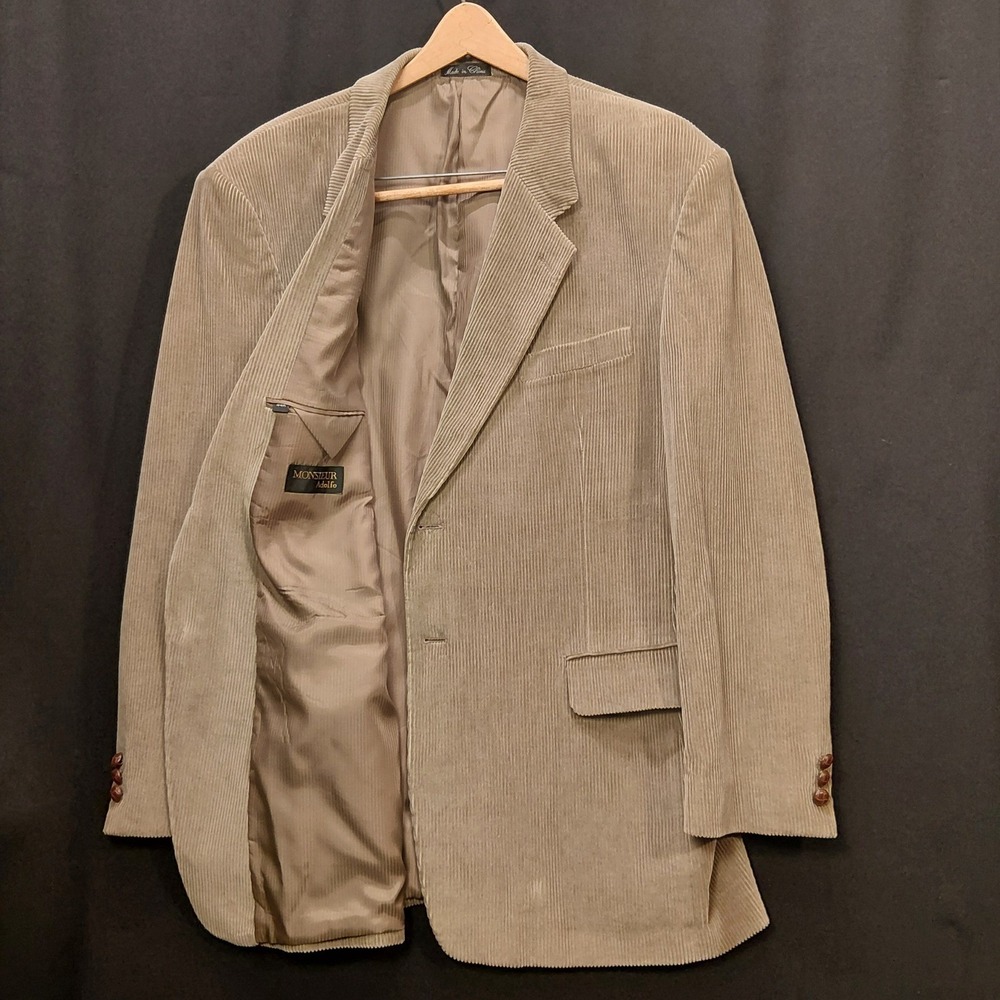 Monsieur Adolfo Mens Tan Corduroy Blazer Sport Coat 44R Cotton Two Button Khaki